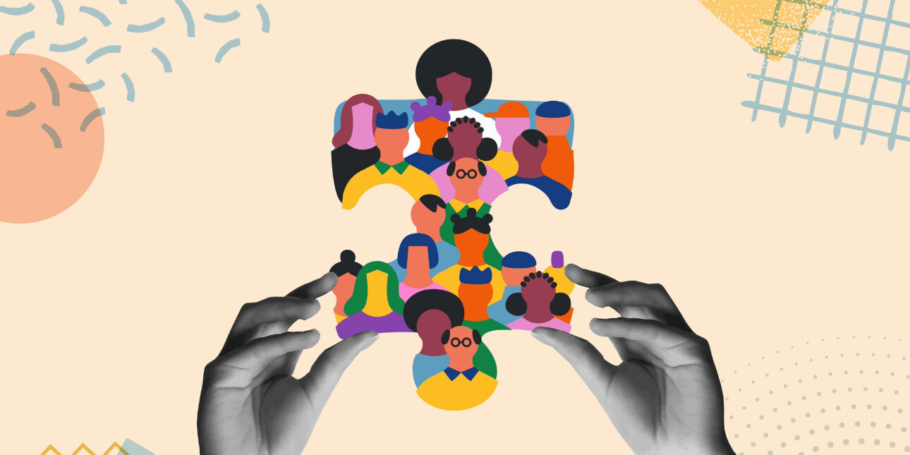 A composite image featuring a pair of white hands photographed in black and white. These are holding the multicoloured outline of a jigsaw piece made up of illustrations of different people of different gender and ethnicities.